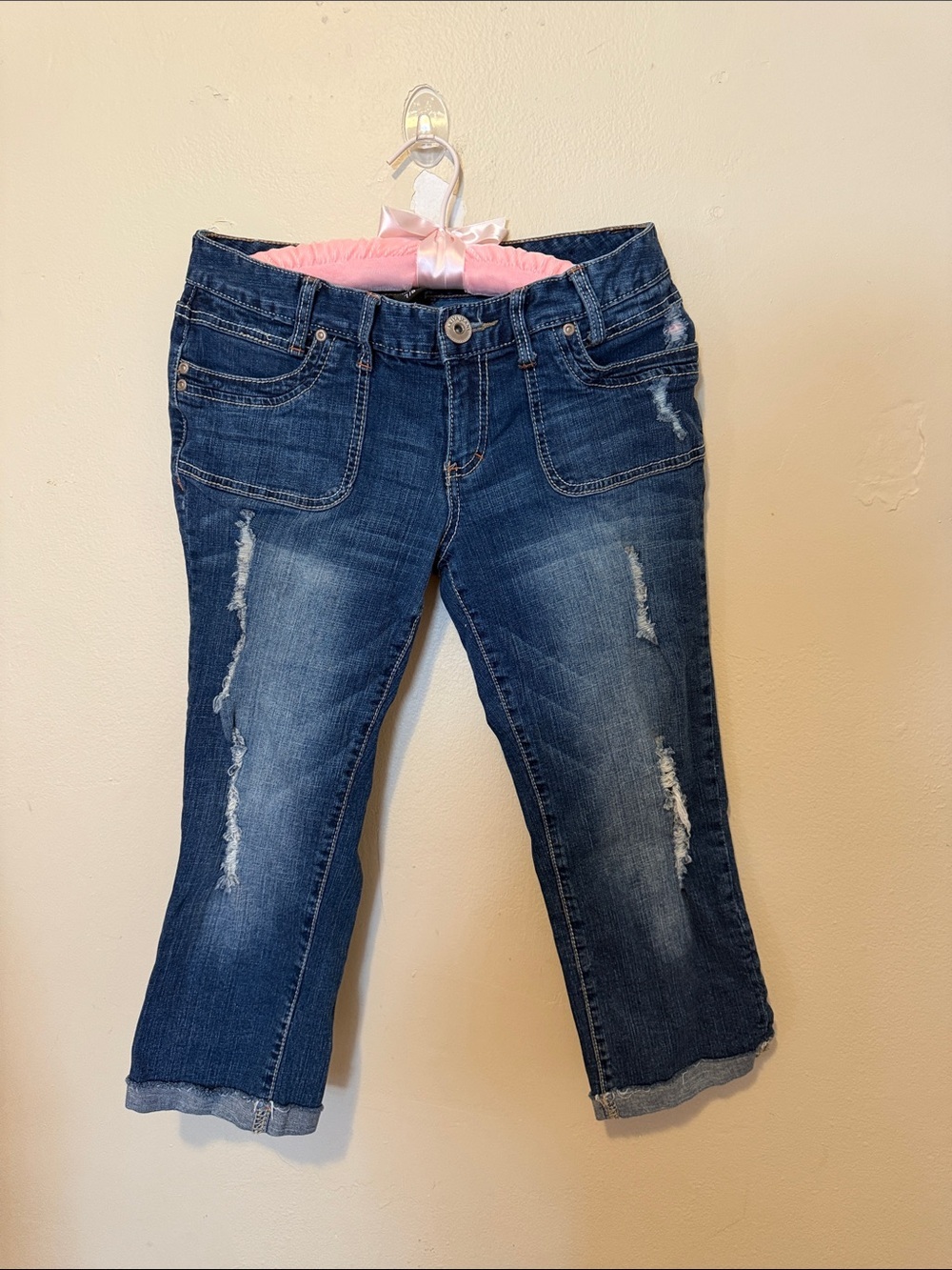 Ariya Dark Blue Distressed Cropped Jeans with Embroidered Back Pockets